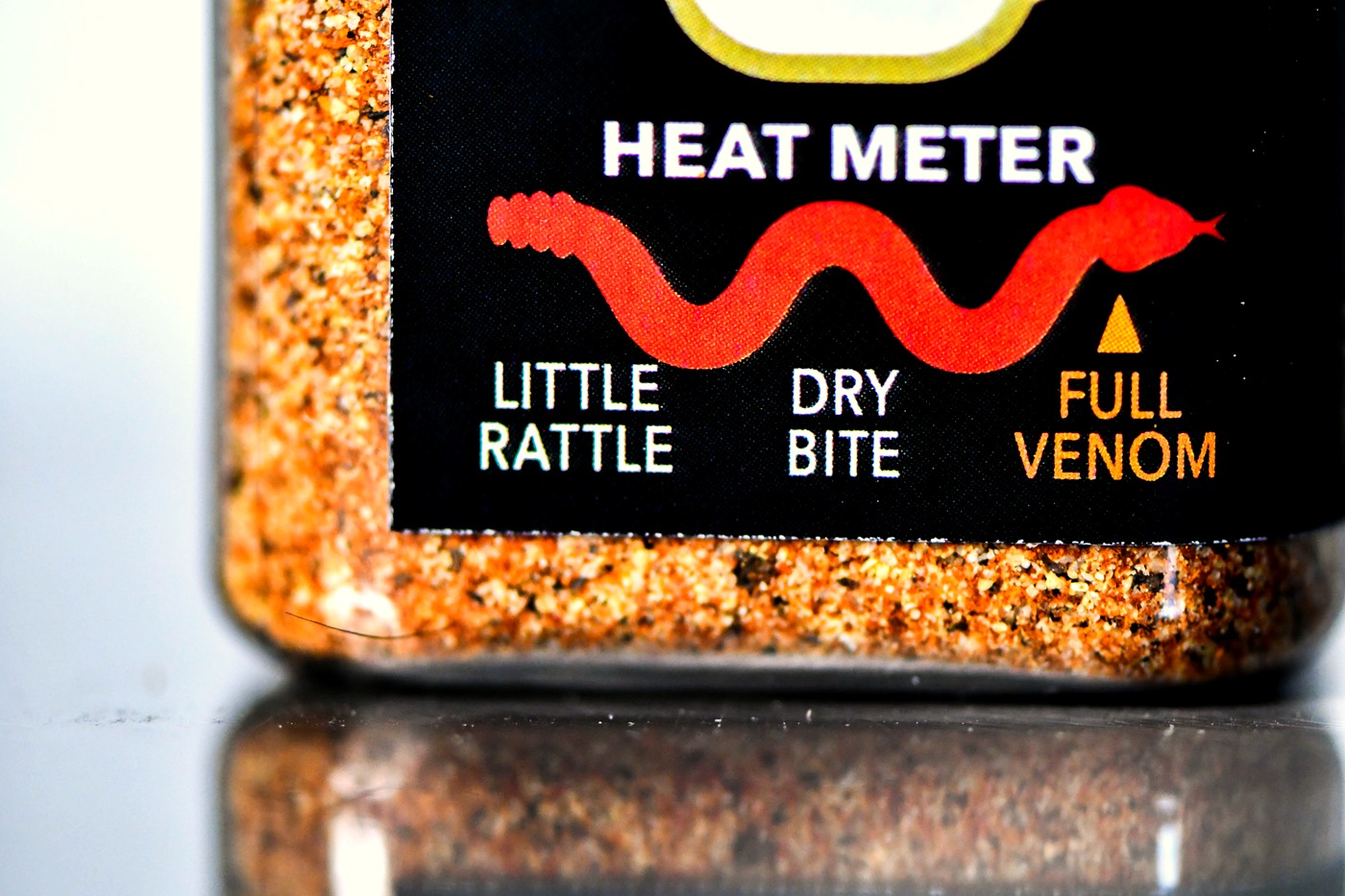 The heat meter on a Snake Oil Spices label