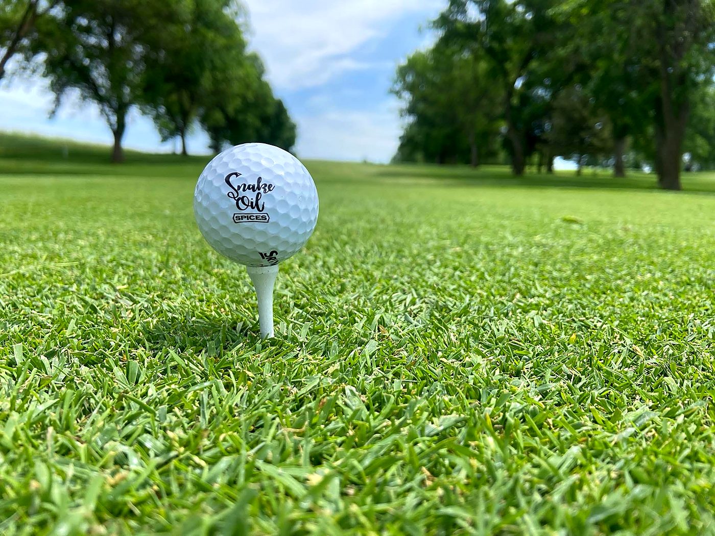 A Snake Oil Spices branded golf ball on the tee