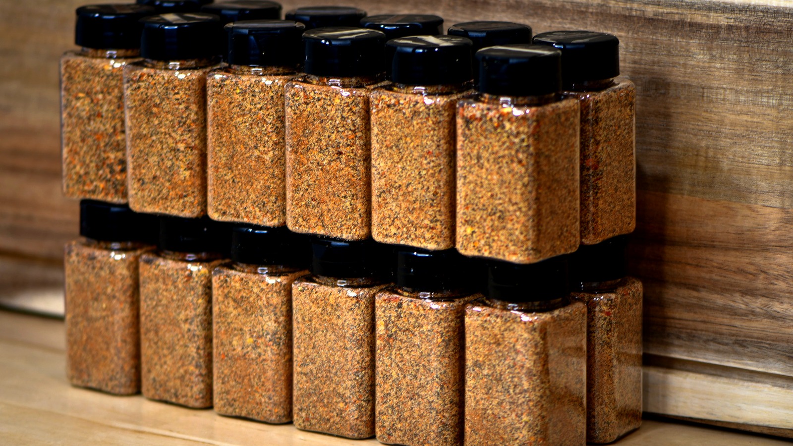 A rack of Snake Oil Spices jars