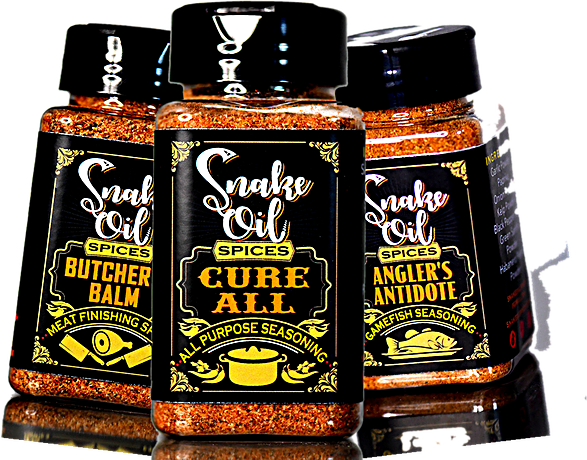 All three Snake Oil Spices jars fanned in a trio